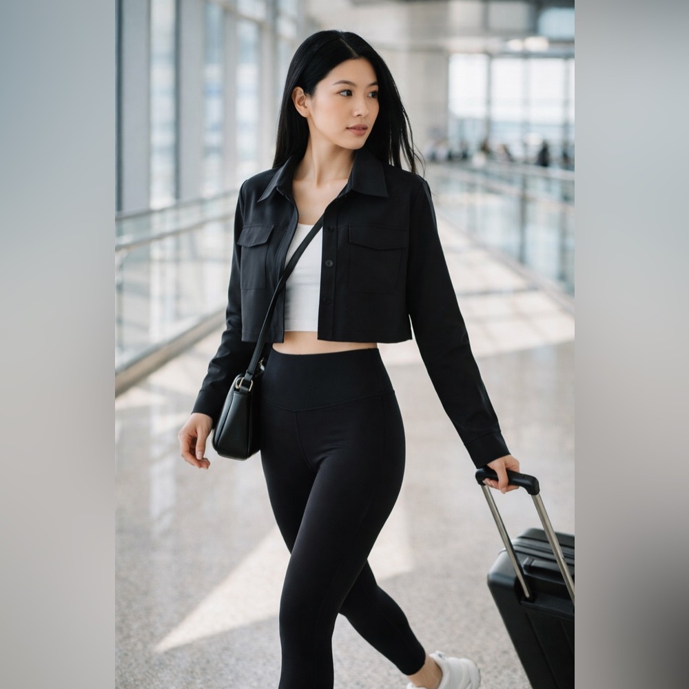 Beyond Yoga Cropped Button Front Jacket Black Col… - image 1